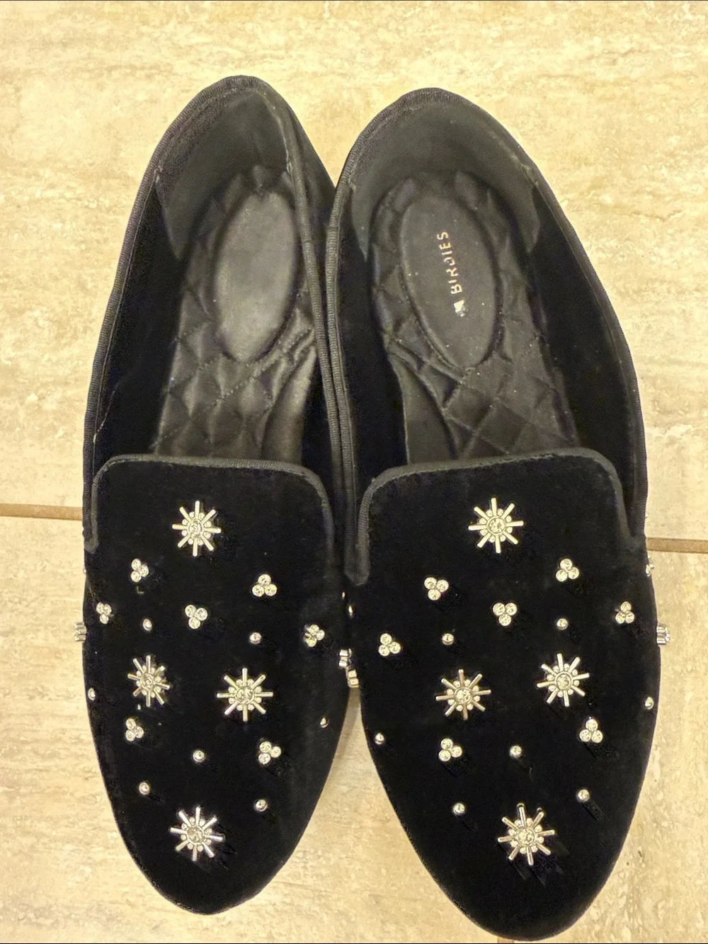 Birdies The Starling Black Velvet Starry Night Crystal Embellished Loafers